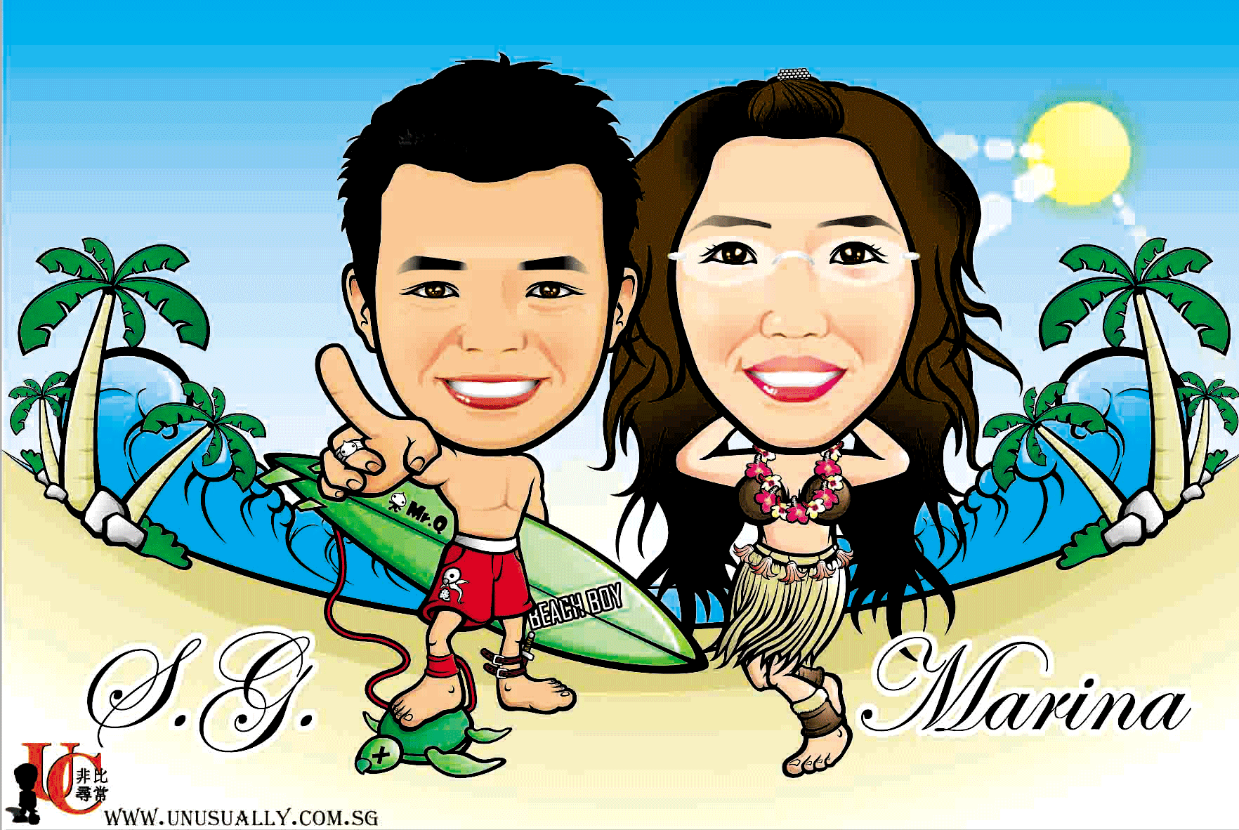 Digital Caricature Drawing - Sexy Beach Couple Theme